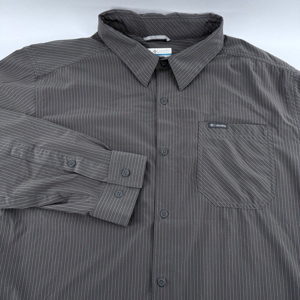 Columbia Button Up‎ Shirt Mens XL Long Sleeve Gray Brown Pinstripe Outdoor